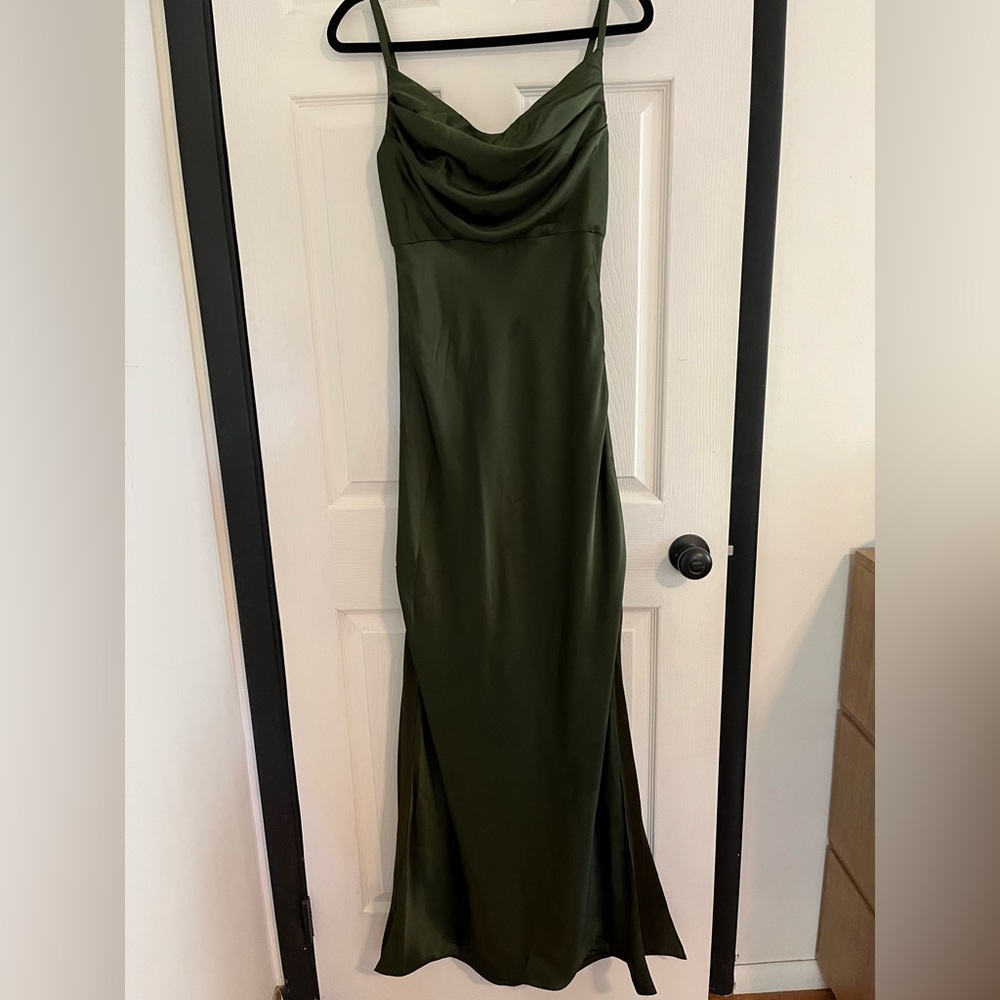 Revelry Skye Satin Bridesmaid Dress in Deep Olive